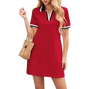 Women's Cotton Polo Dress Short Sleeve V Neck Casual Summer Mini Pockets